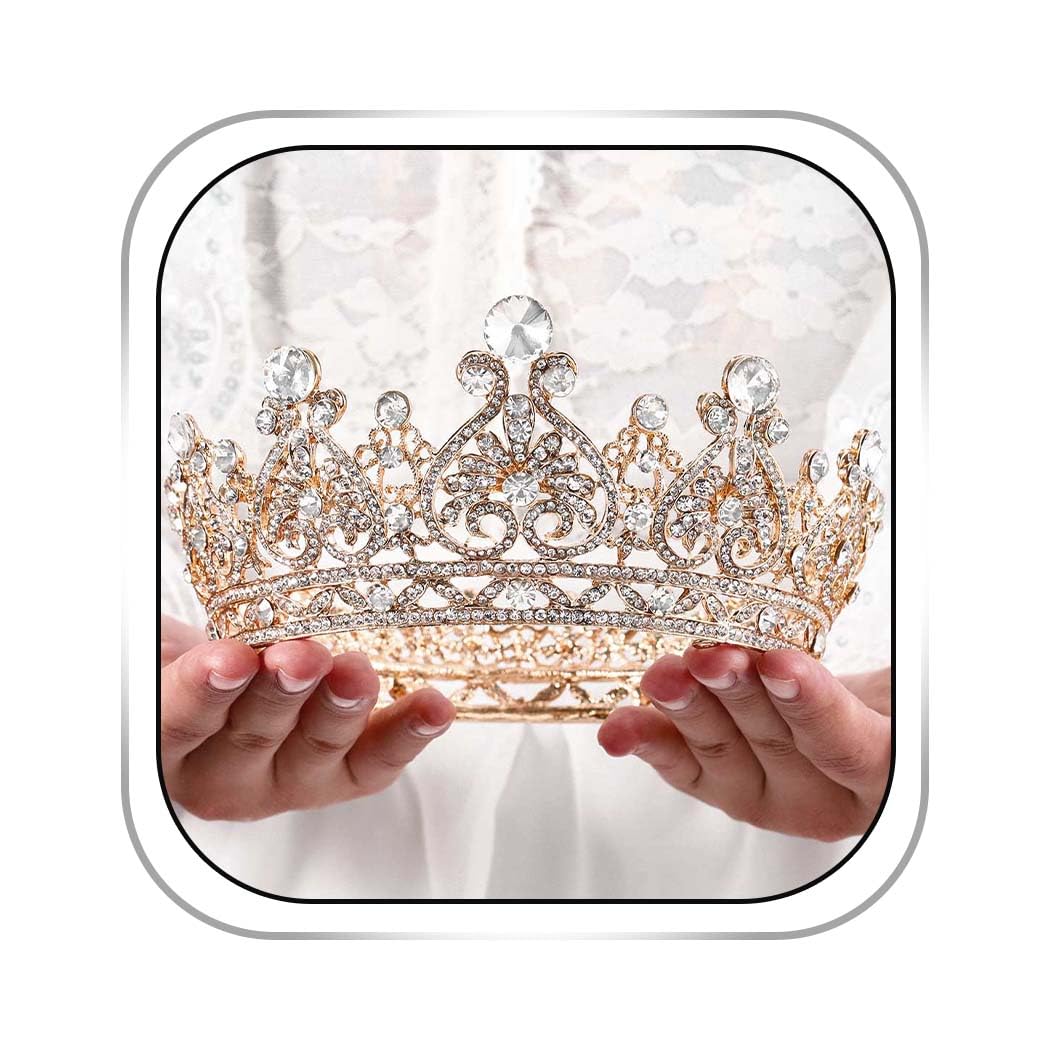 Foyte Baroque Queen Crown in gold with rhinestones for a glamorous bridal look.