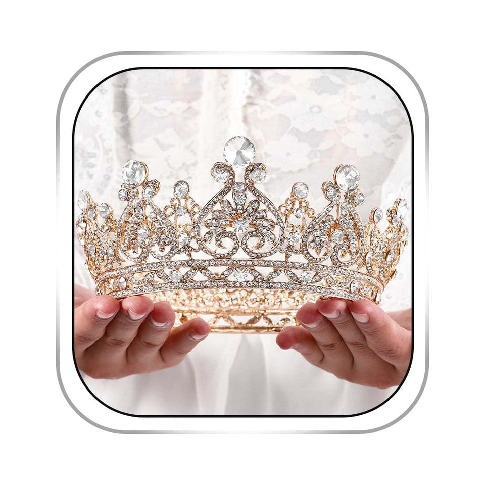 Foyte Baroque Queen Crown in gold with rhinestones for a glamorous bridal look.