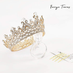 Foyte bridal tiara with rhinestones and pearls for radiant wedding day sparkle.
