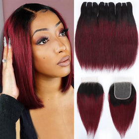 FQ 1b/99j ombre bundles with 4x4 lace closure for natural parting and versatility.
