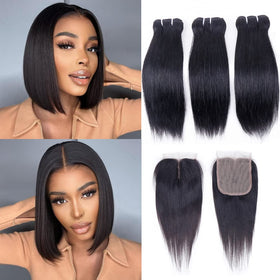 FQ Brazilian straight bundles with lace closure 4x4 for natural parting and blend