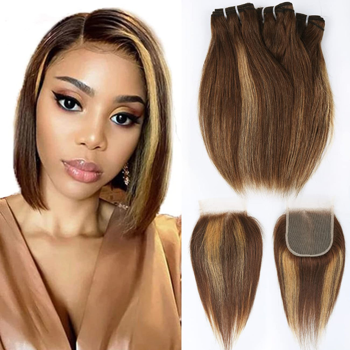 FQ Brazilian straight hair bundles with P4/27 highlights for seamless weave.
