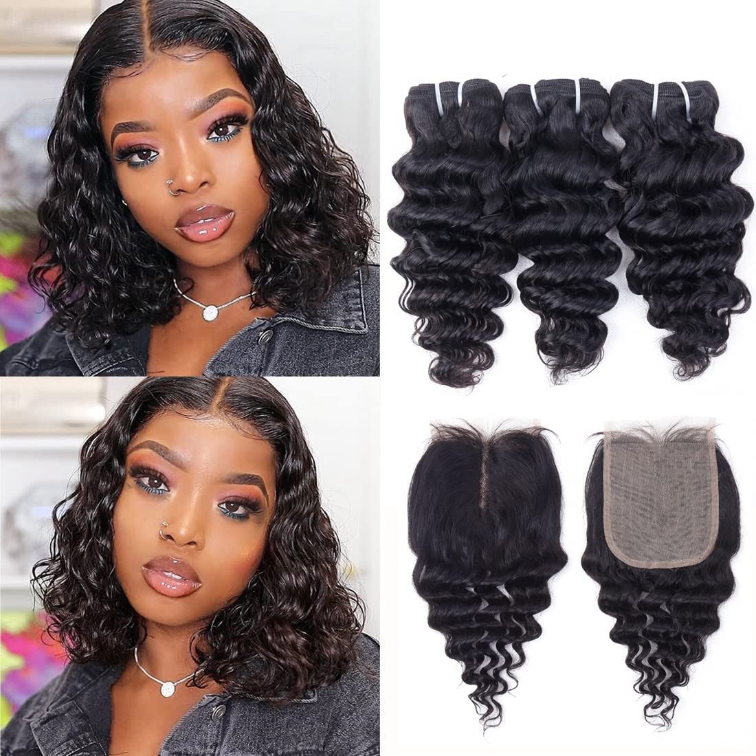 FQ deep wave bundles with closure in 10–30 inch range showing 4x4 lace closure for natural part