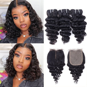 FQ deep wave bundles with closure in 10–30 inch range showing 4x4 lace closure for natural part