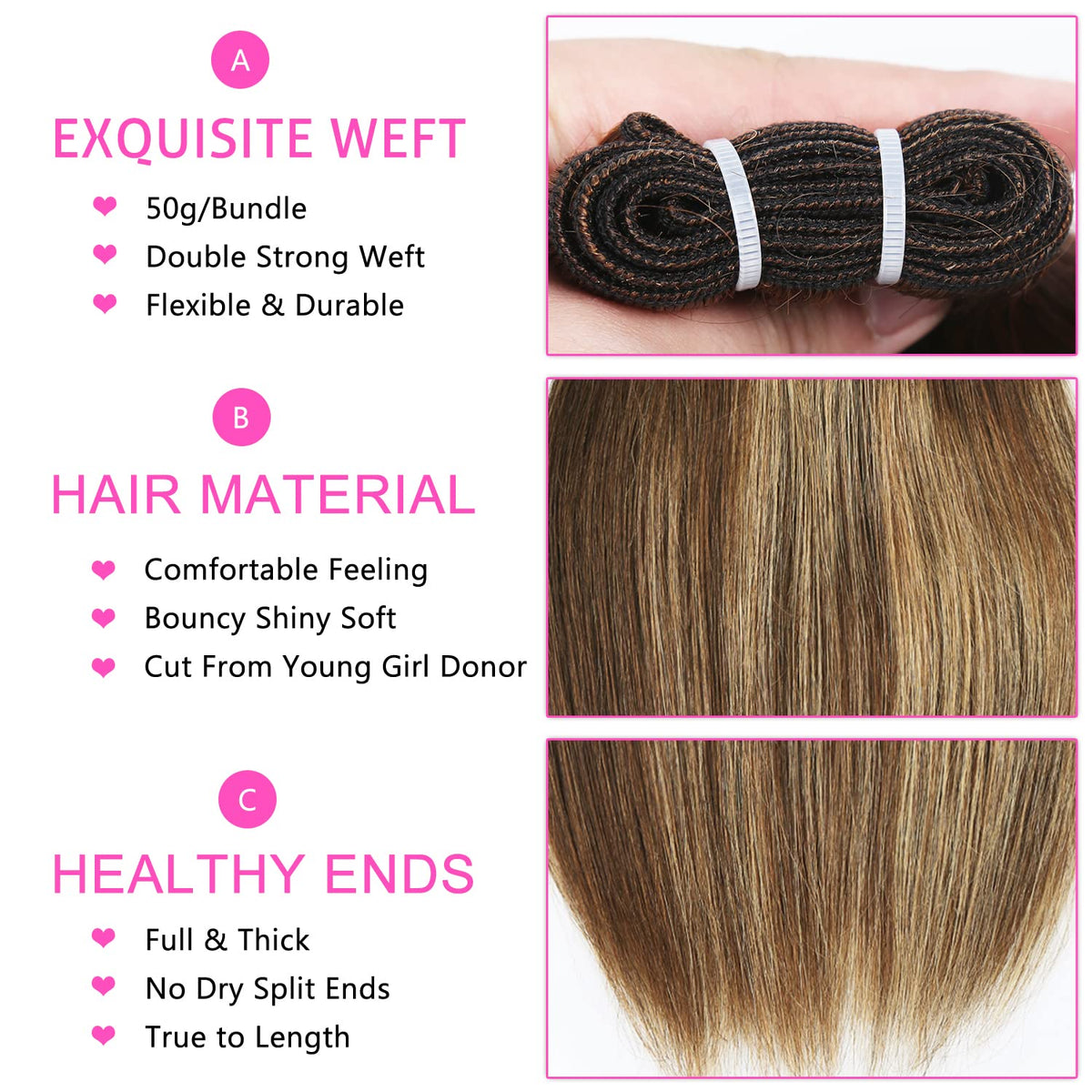 Natural-looking hairline close-up with FQ straight weave for easy wear.