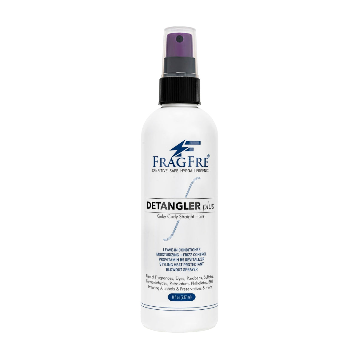 FRAGFRE Detangler-plus bottle pour shows fragrance-free application for sensitive skin.