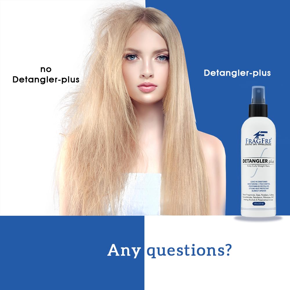 FRAGFRE Detangler-plus unscented bottle emphasizes hypoallergenic, fragrance-free care.