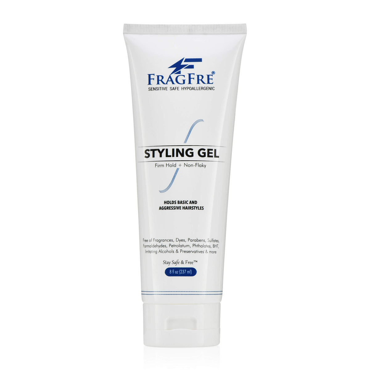 FRAGFRE Firm Hold Hair Gel bottle demonstrates unscented, strong styling for aggressive looks.