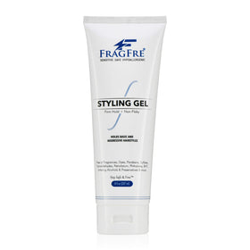FRAGFRE Firm Hold Hair Gel bottle demonstrates unscented, strong styling for aggressive looks.