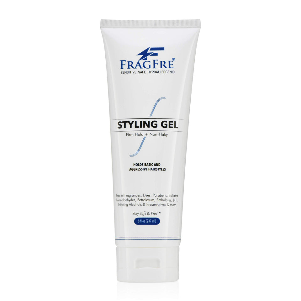 FRAGFRE Firm Hold Hair Gel bottle demonstrates unscented, strong styling for aggressive looks.