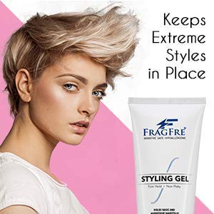 FRAGFRE unscented gel applied to styled hair for a soft, comfortable finish.