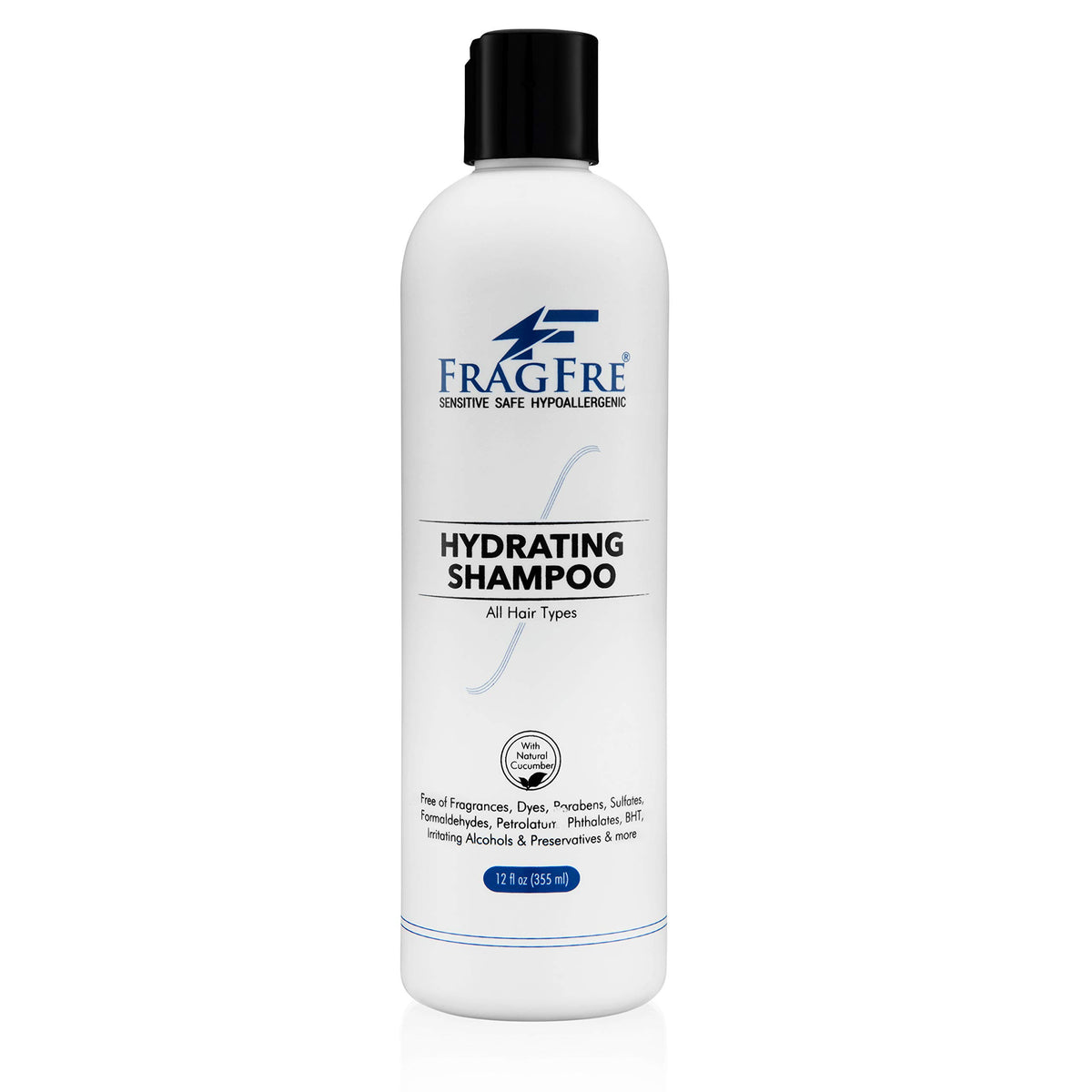 FRAGFRE Hydrating Sensitive Skin Shampoo bottle front showing fragrance-free, hypoallergenic formula for sensitive scalps.