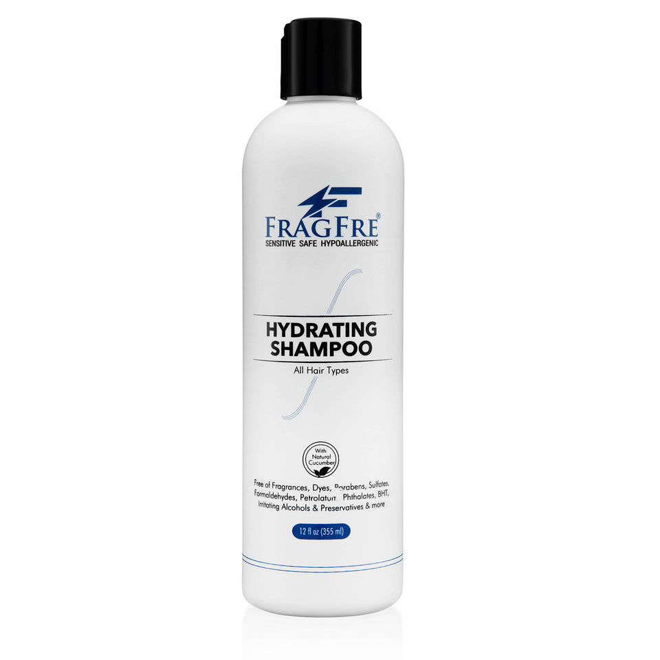 FRAGFRE Hydrating Sensitive Skin Shampoo bottle front showing fragrance-free, hypoallergenic formula for sensitive scalps.