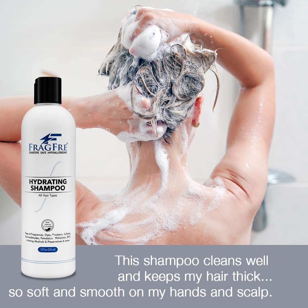 FRAGFRE Hydrating Sensitive Skin Shampoo fragrance-free label emphasizing gentle cleansing for sensitive scalps.