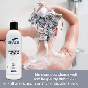 FRAGFRE Hydrating Sensitive Skin Shampoo fragrance-free label emphasizing gentle cleansing for sensitive scalps.