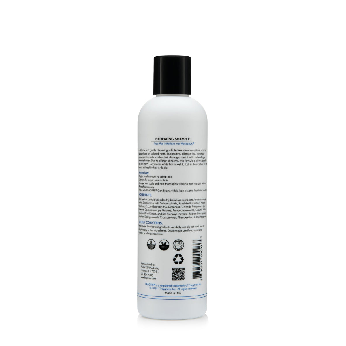 FRAGFRE Hydrating Sensitive Skin Shampoo cucumber extract highlights natural freshness.