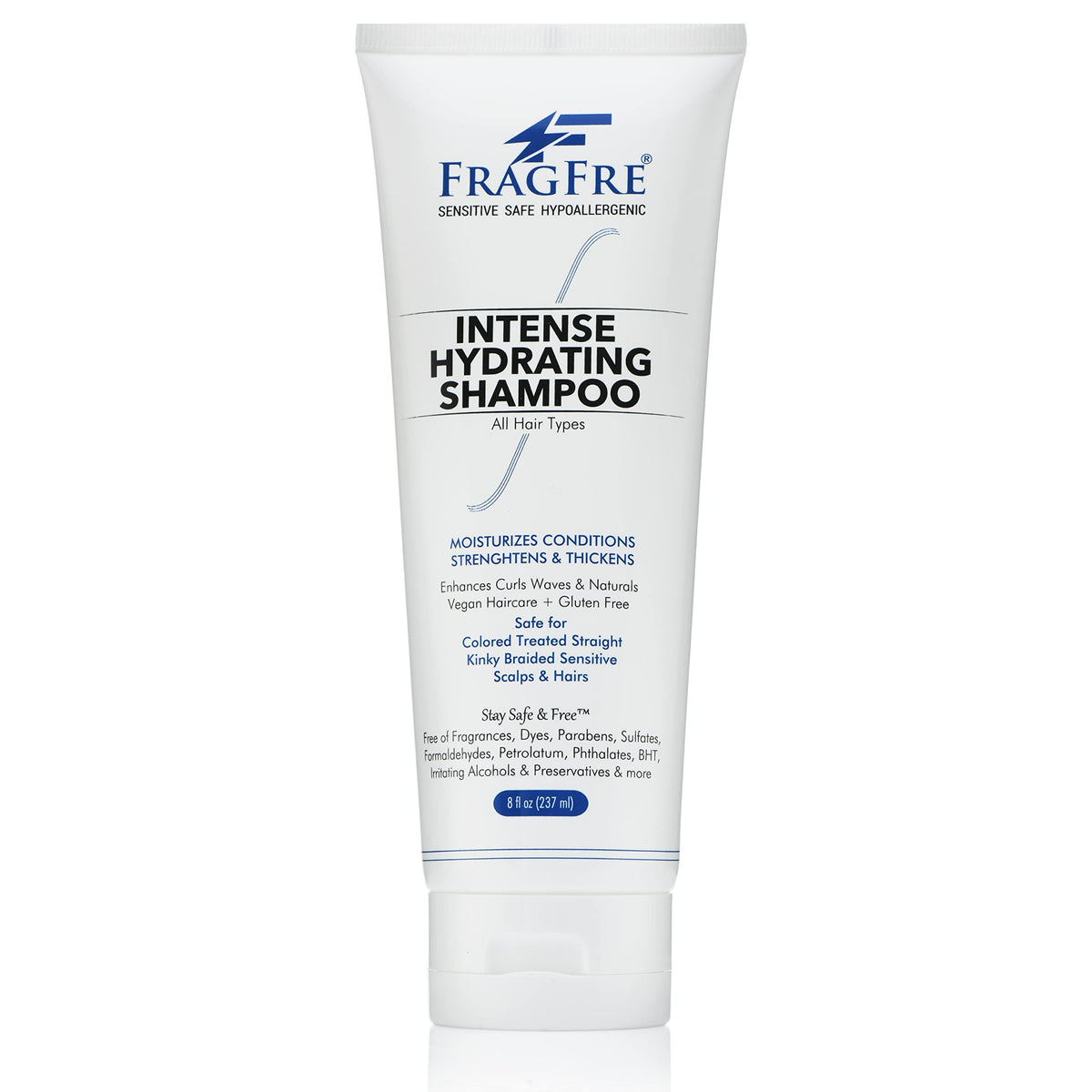 FRAGFRE Intense Hydrating Shampoo bottle shows fragrance-free formula for sensitive scalps