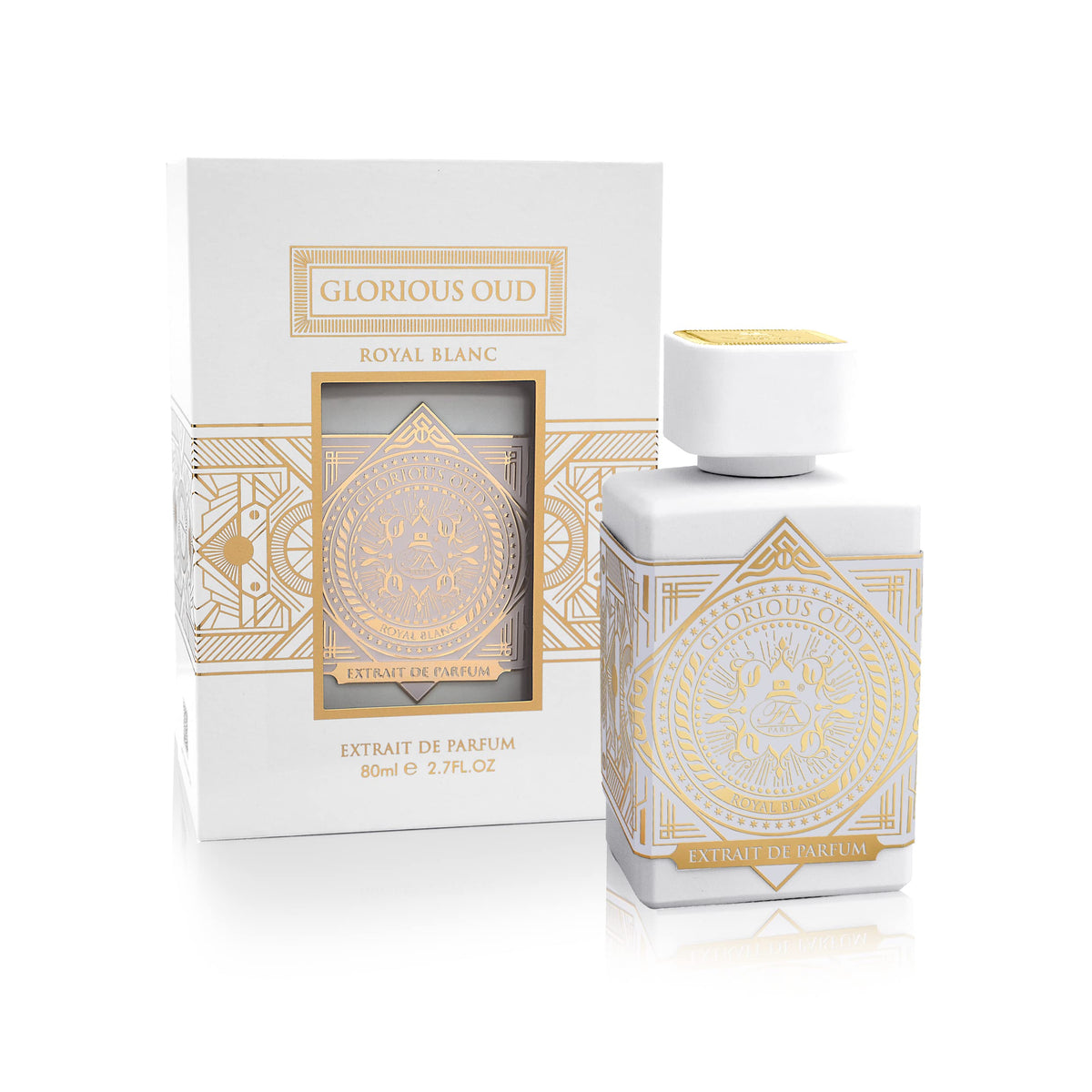 Fragrance World Glorious Oud Royal Blanc bottle, a bold unisex extrait de parfum for day and night use