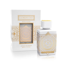 Fragrance World Glorious Oud Royal Blanc bottle, a bold unisex extrait de parfum for day and night use