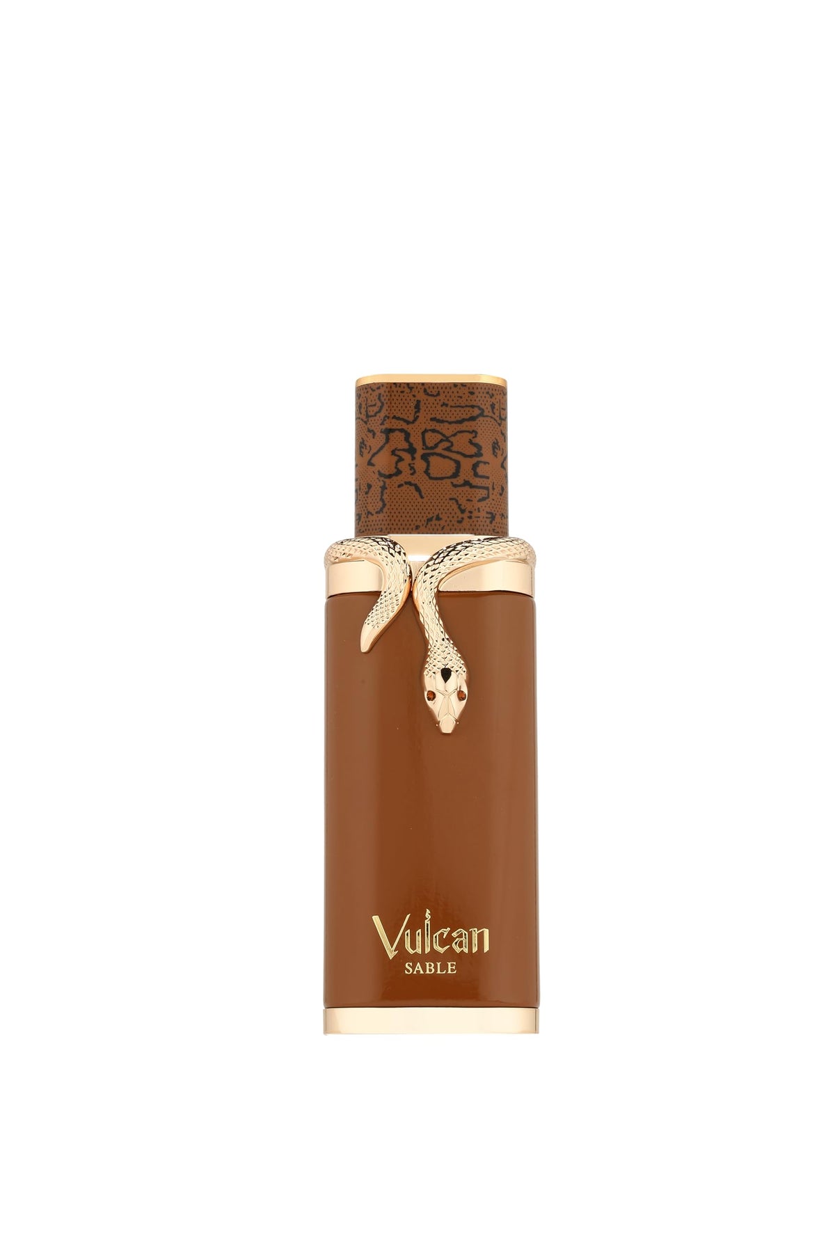 Fragrance World Vulcan Sable bottle front with bold unisex design for evening wear.