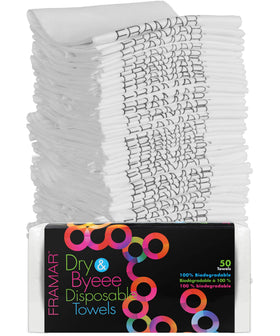 FRAMAR biodegradable salon towels pack cover shown for spa setup and easy disposal.