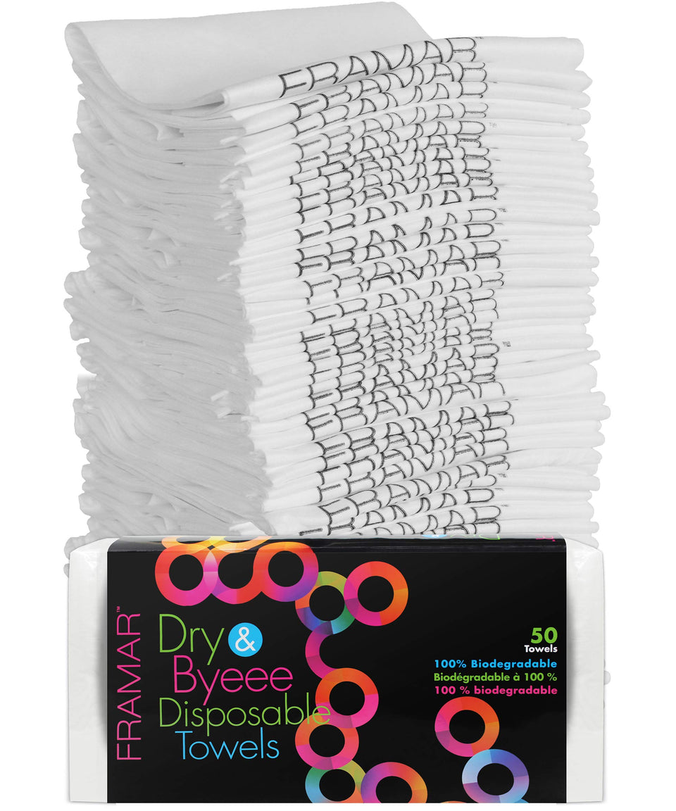 FRAMAR biodegradable salon towels pack cover shown for spa setup and easy disposal.