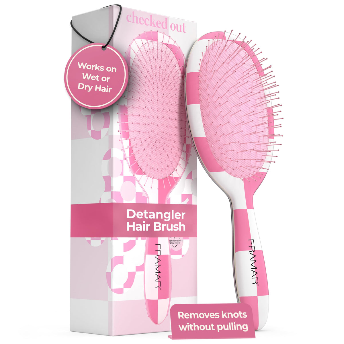 FRAMAR checkered hair brush detangler pink eases tangles gently