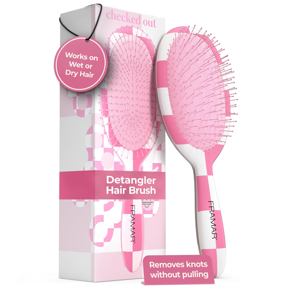 FRAMAR checkered hair brush detangler pink eases tangles gently
