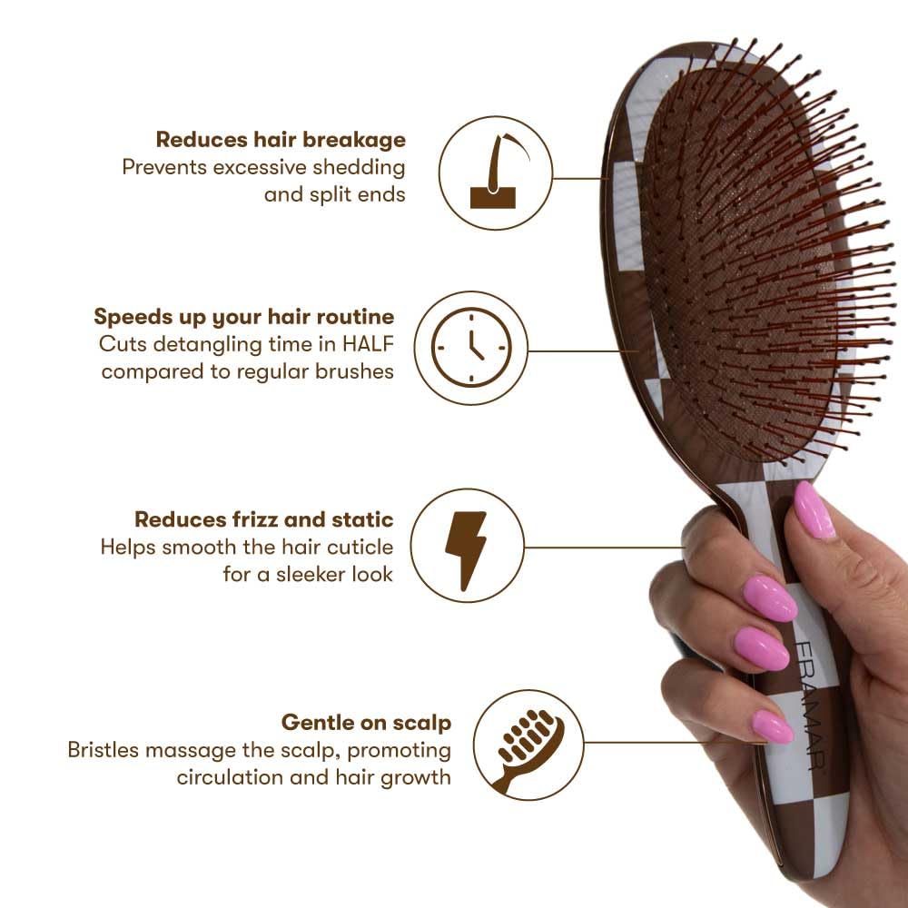 FRAMAR Checkered pattern design highlights stylish portable detangler
