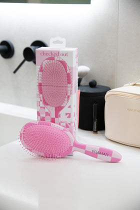 FRAMAR compact pink brush fits purse for on-the-go styling