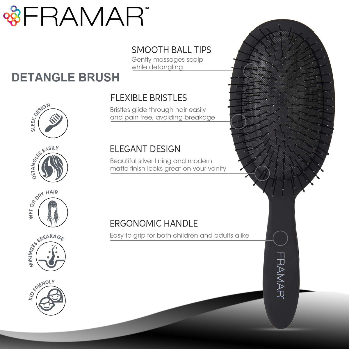 FRAMAR Detangling Brush on curly hair; gentle detangling without snagging.