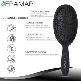FRAMAR Detangling Brush on curly hair; gentle detangling without snagging.