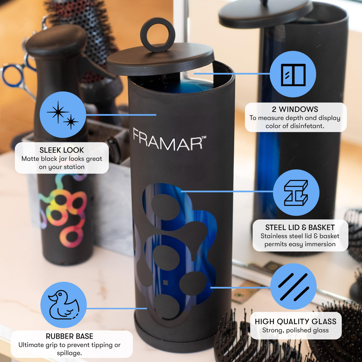 FRAMAR disinfectant jar with stainless lid and basket for easy tool retrieval.