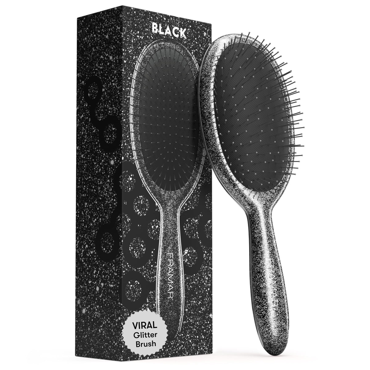 FRAMAR Glitter Hair Brush Detangler with detailed handle promotes smooth detangling.