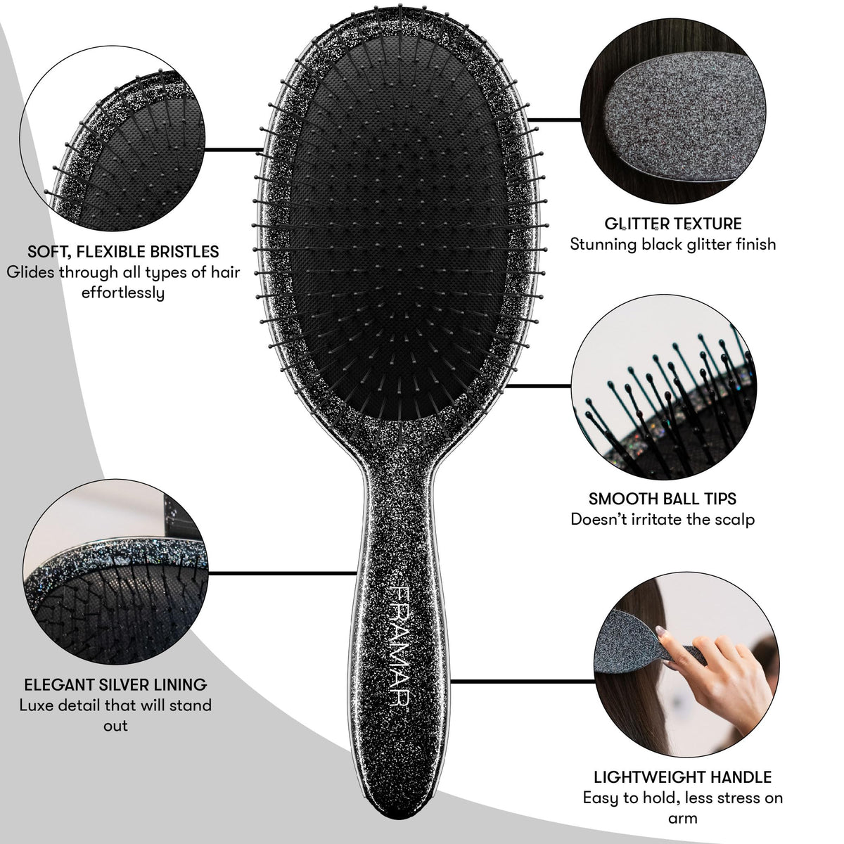 FRAMAR Glitter Hair Brush front view shows glitter finish for daily styling.