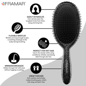 FRAMAR Glitter Hair Brush used on wet hair to reduce pulling.