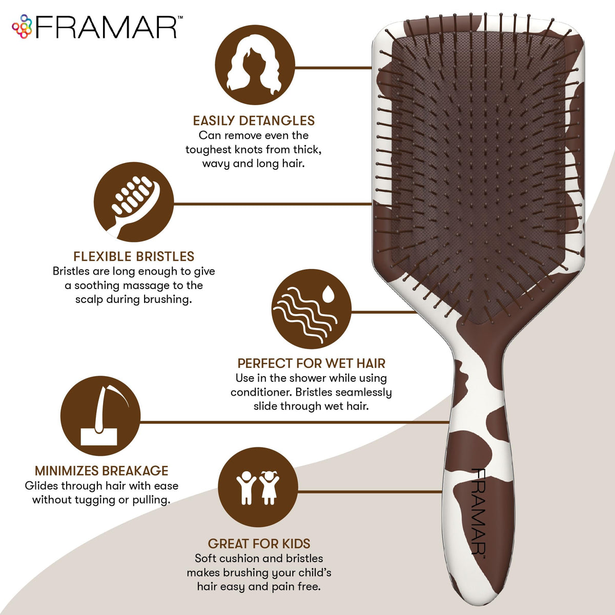 Framar paddle detangler bristles closeup highlights flexible bristles for gentle knot removal.