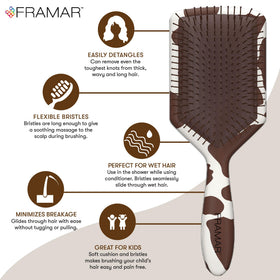 Framar paddle detangler bristles closeup highlights flexible bristles for gentle knot removal.