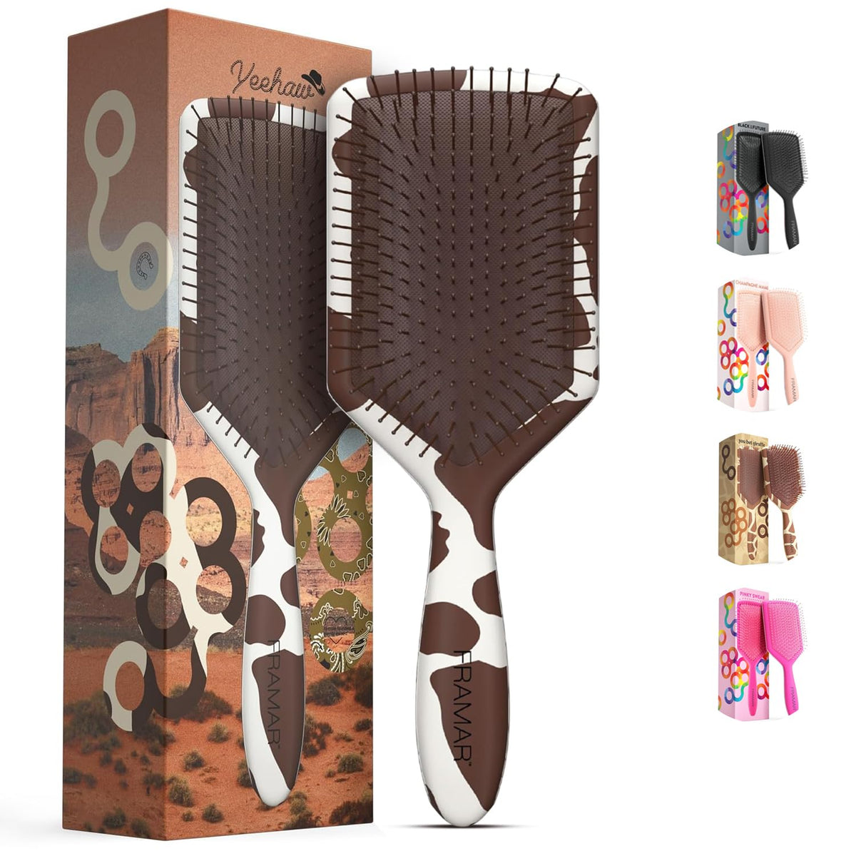 Framar paddle detangler cow print front view eases detangling on wet or dry hair.