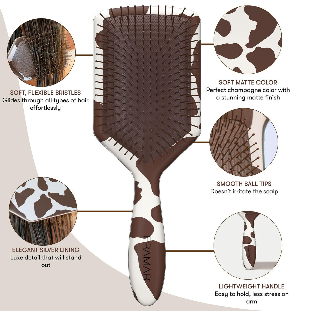 Framar paddle detangler wet-hair-use photo highlights quick detangling in shower routines.