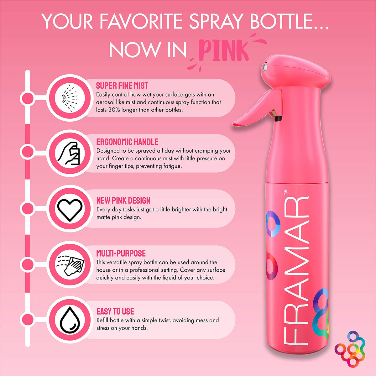 FRAMAR pink matte spray bottle ready for daily use.