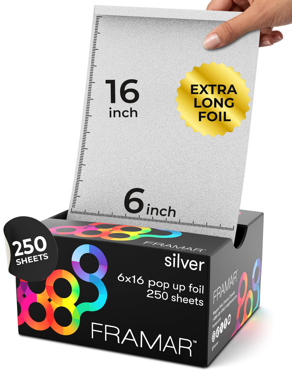 Framar pop up 6x16 silver hair foil for quick long-hair highlights.