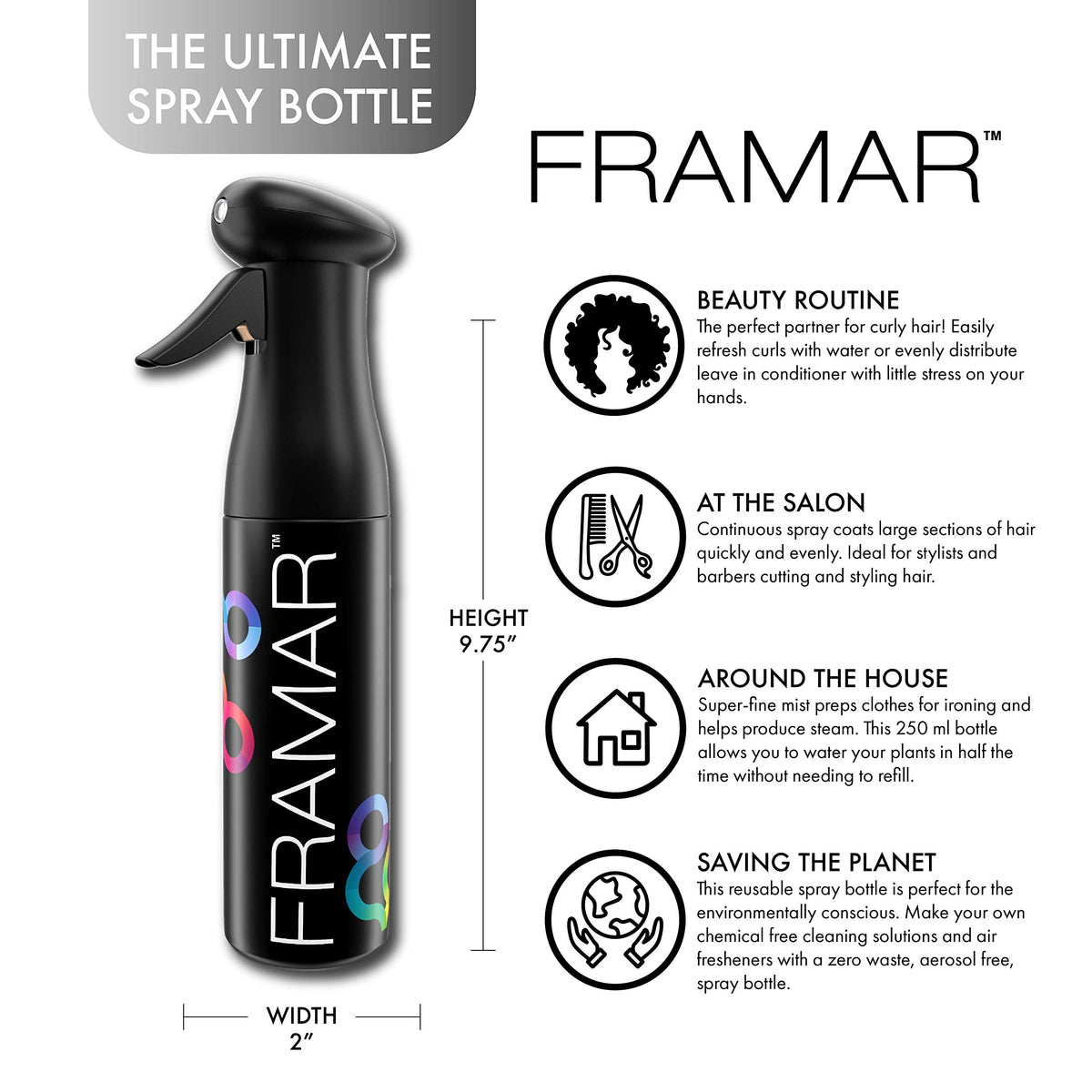 FRAMAR matte black spray bottle displays a sleek, professional finish