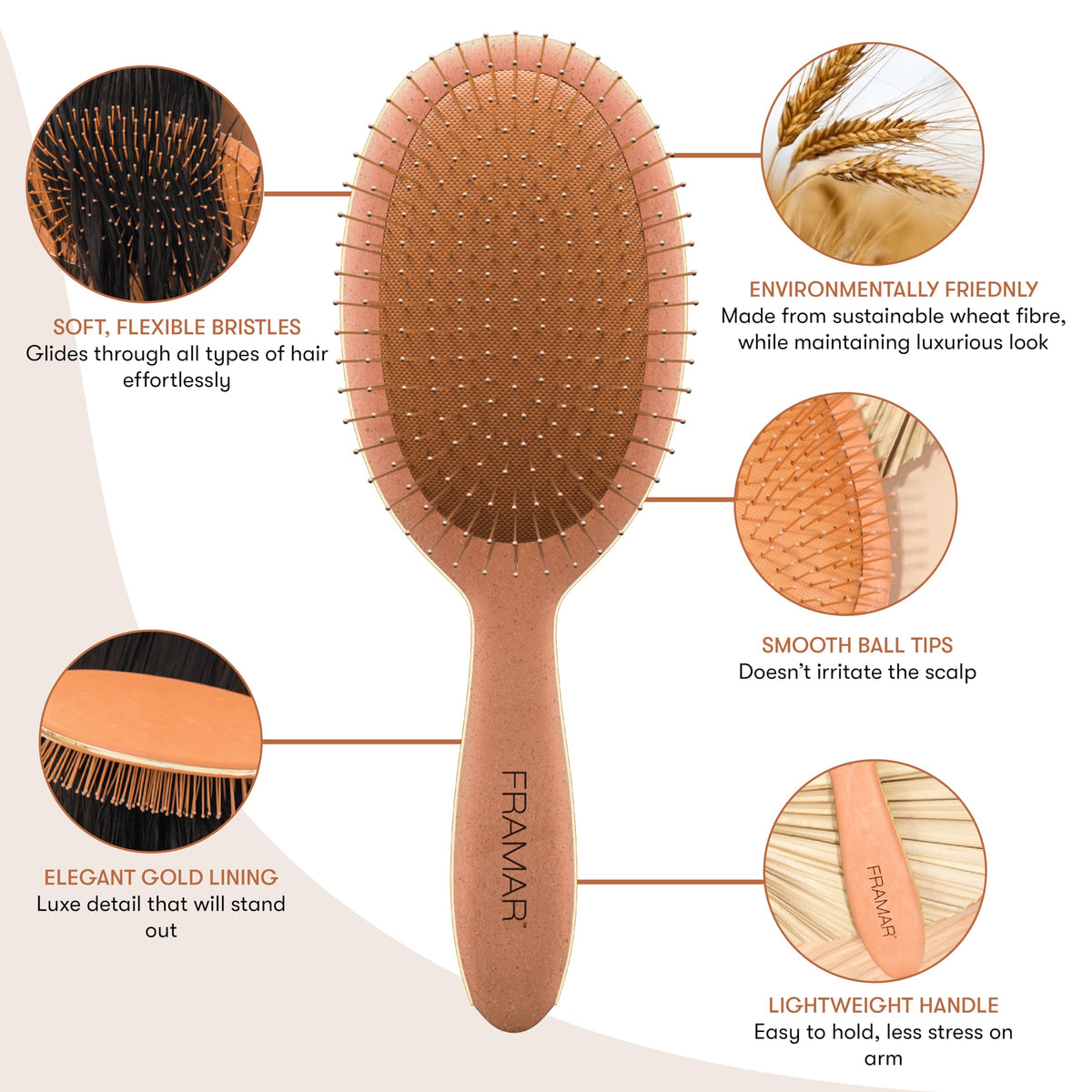 FRAMAR bristles massage the scalp for gentle circulation during brushing