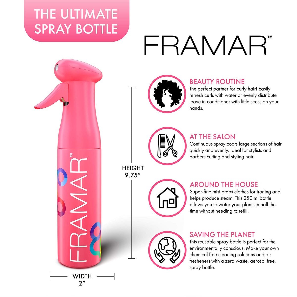FRAMAR ultra-fine mist bottle delivering even dampening for hair.