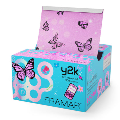 Framar Y2K hair foil pop-up box front enables quick application behind the chair.