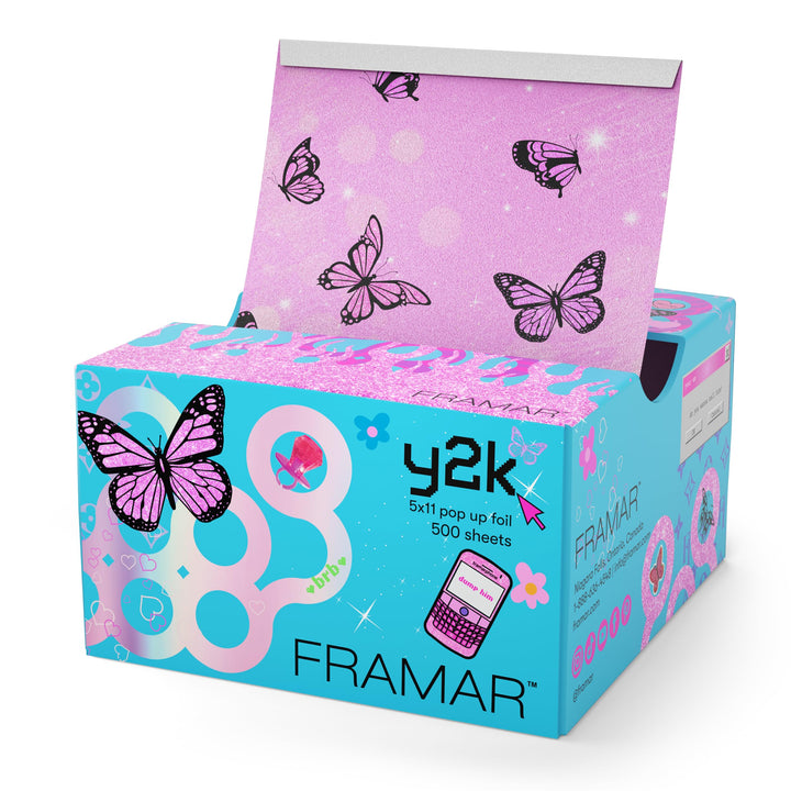 Framar Y2K hair foil pop-up box front enables quick application behind the chair.