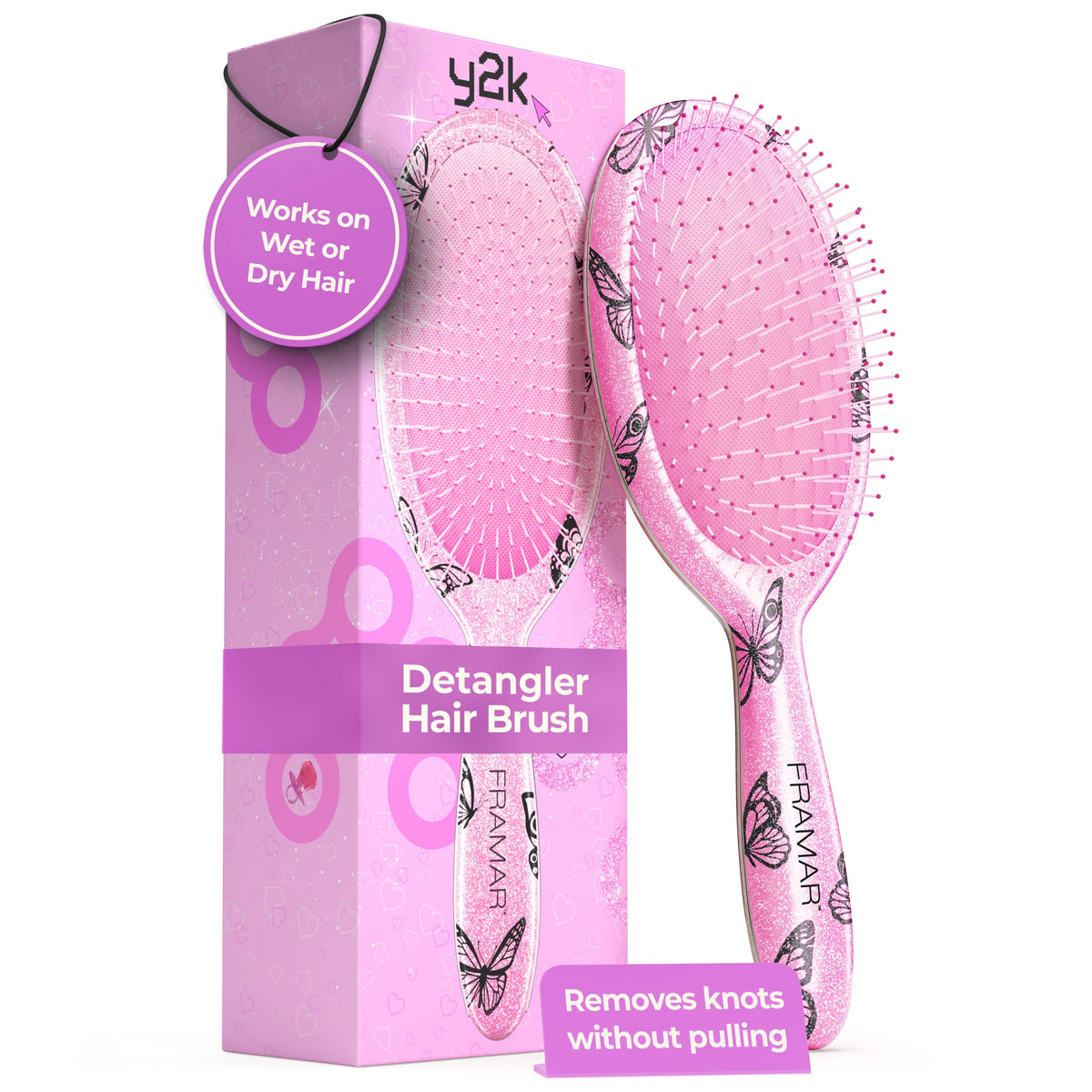 FRAMAR Y2K print detangler brush on wet hair for quick, painless detangling