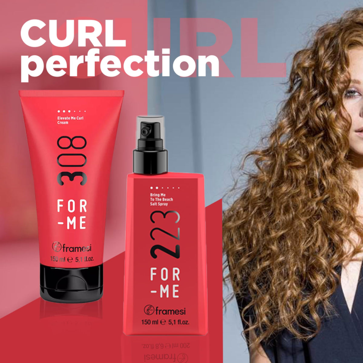 Framesi FOR-ME 308 Elevate Me Curl Cream lifestyle shot shows defined, shiny curls