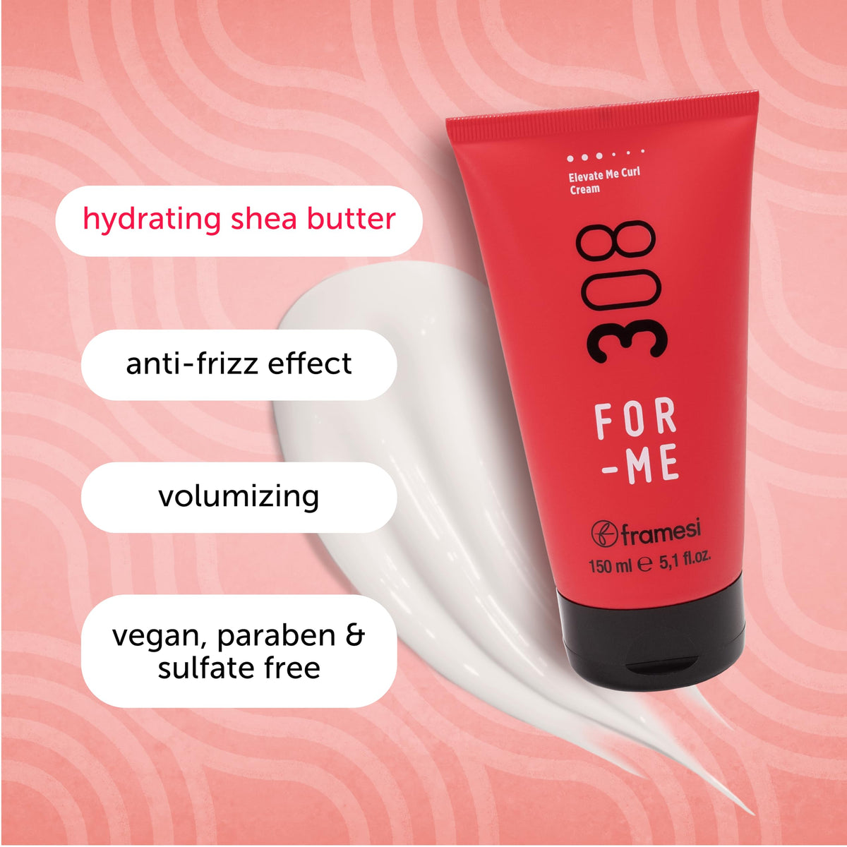 Framesi FOR-ME 308 Elevate Me Curl Cream on hand shows hydration and definition